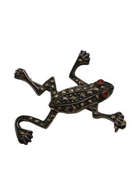Vintage Frog Brooch Marcasite w/Red Eyes 925 Sterling Silver Signed 1.25 In #G5
